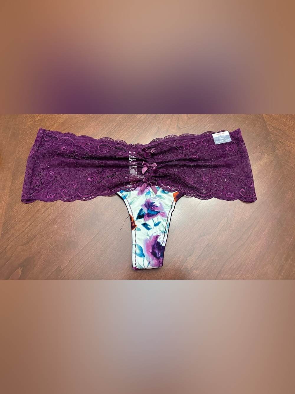 🌸 Cacique Lace Thong Panty Watercolor Floral Front NWT